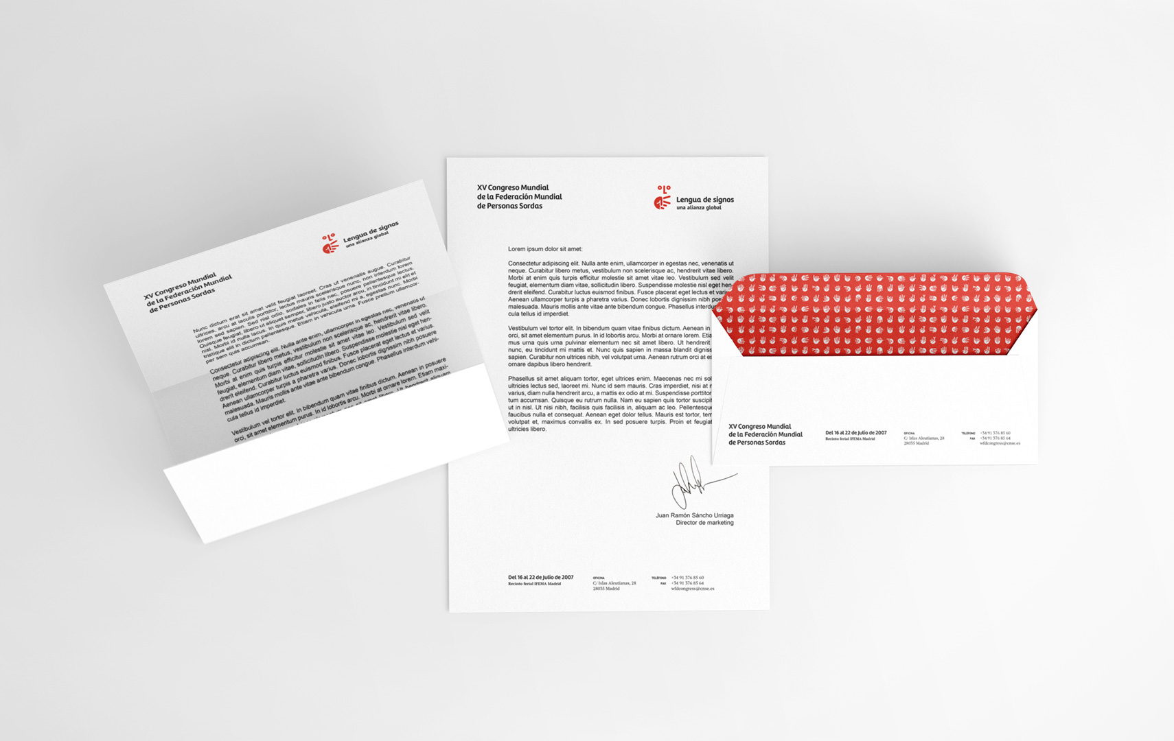 Diseño de la papelería del evento del congreso de la WFD, papel de carta y sobre